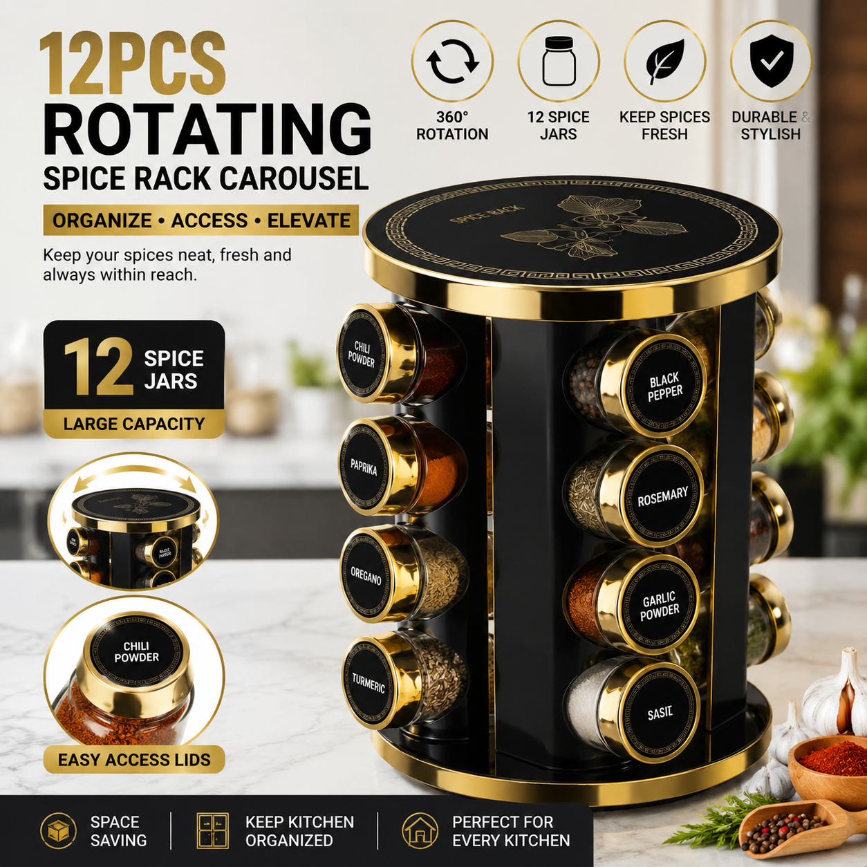 12Pcs Rotating Spice Rack Carousel Black Gold Seasoning Jar Organizer Kitchen Countertop Storage Holder