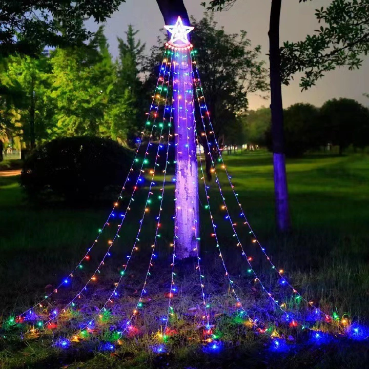 LED Star-Shaped Waterfall Lights, Ambient Lights, Christmas Tree String Lights, 3.5 meters, 350 LED Beads, 8 Modes, Remote Control Included. Suitable for outdoor patio parties and holiday decorations