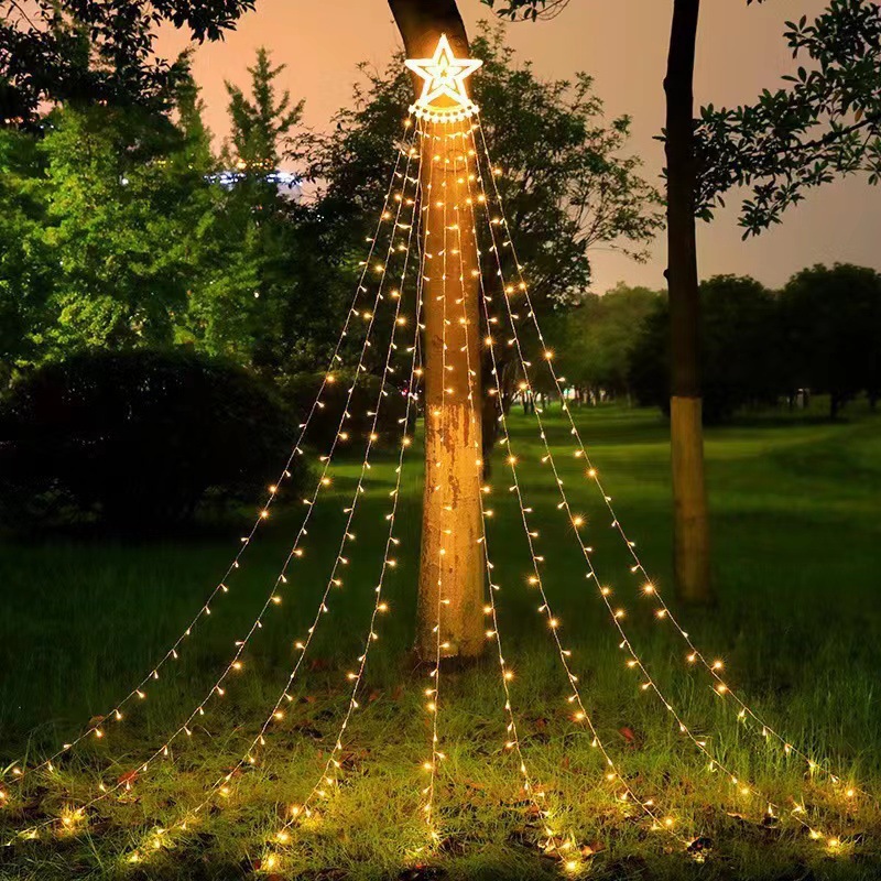 LED Star-Shaped Waterfall Lights, Ambient Lights, Christmas Tree String Lights, 3.5 meters, 350 LED Beads, 8 Modes, Remote Control Included. Suitable for outdoor patio parties and holiday decorations