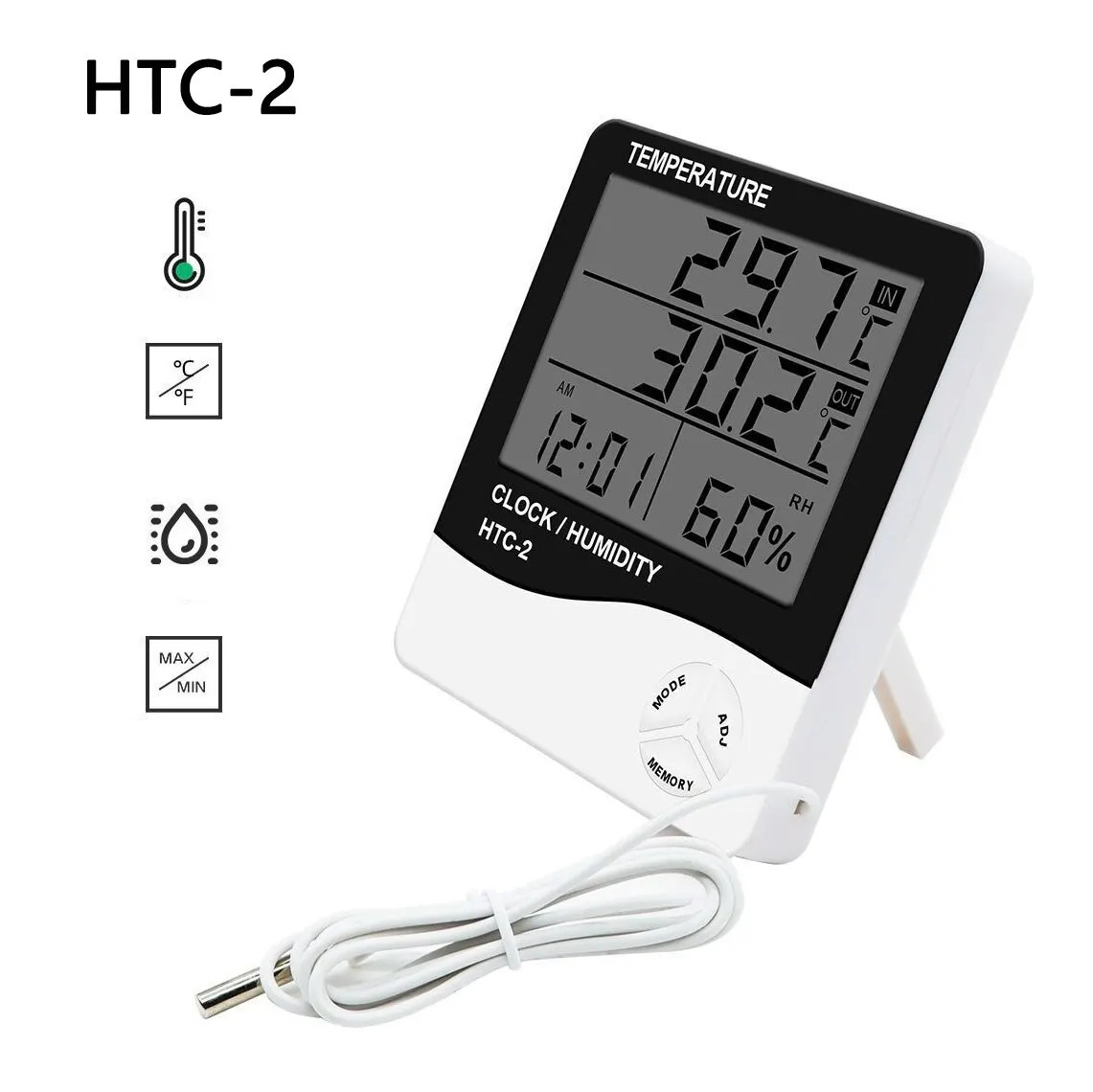 LCD Digital Temperature Humidity Meter HTC-2 Home Indoor Outdoor Hygrometer Thermometer Weather Station with External Probe