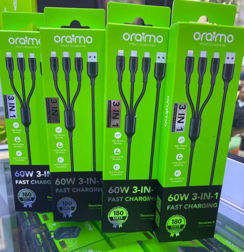 Oraimo 60W 3 In 1 Fast Charging Cable – Type C, Lightning & Micro USB, Fast Charge Data Sync Cable