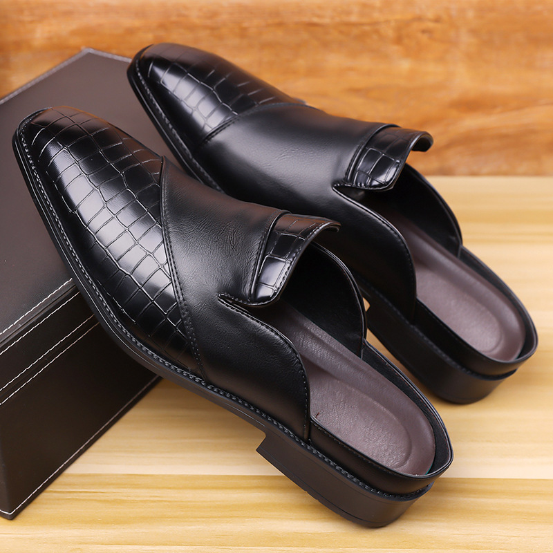 Men's Plus Size Outdoor Breathable Non-Slip Sandals, Open-Back Slip-Ons, Pointed-Toe Leather Shoes, Outdoor Men's Sandals, Open-Back Leather Shoes