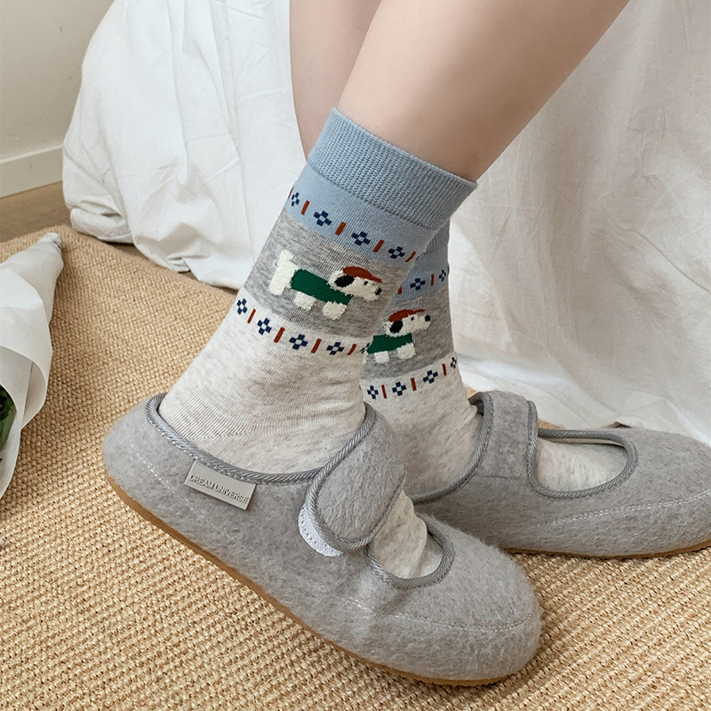 4 pairs  Spring/Autumn women’s socks: cute cartoon animal puppy socks and mid-calf kitten socks
