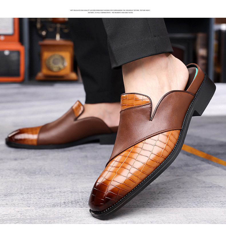 Men's Plus Size Outdoor Breathable Non-Slip Sandals, Open-Back Slip-Ons, Pointed-Toe Leather Shoes, Outdoor Men's Sandals, Open-Back Leather Shoes