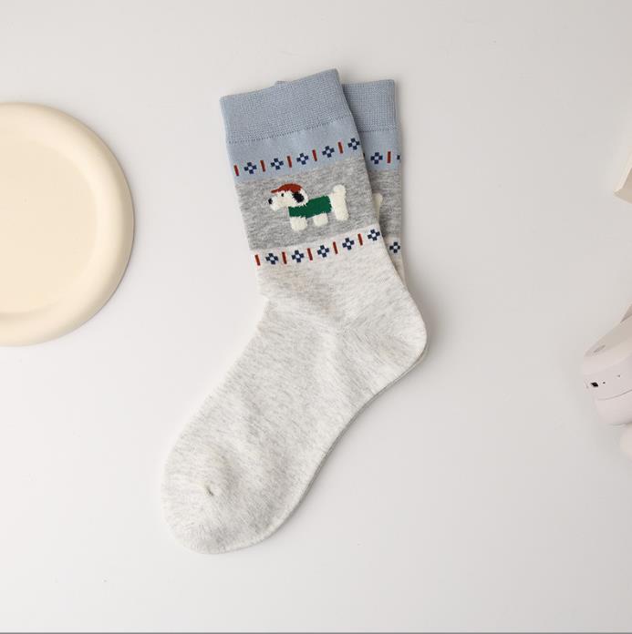 4 pairs  Spring/Autumn women’s socks: cute cartoon animal puppy socks and mid-calf kitten socks