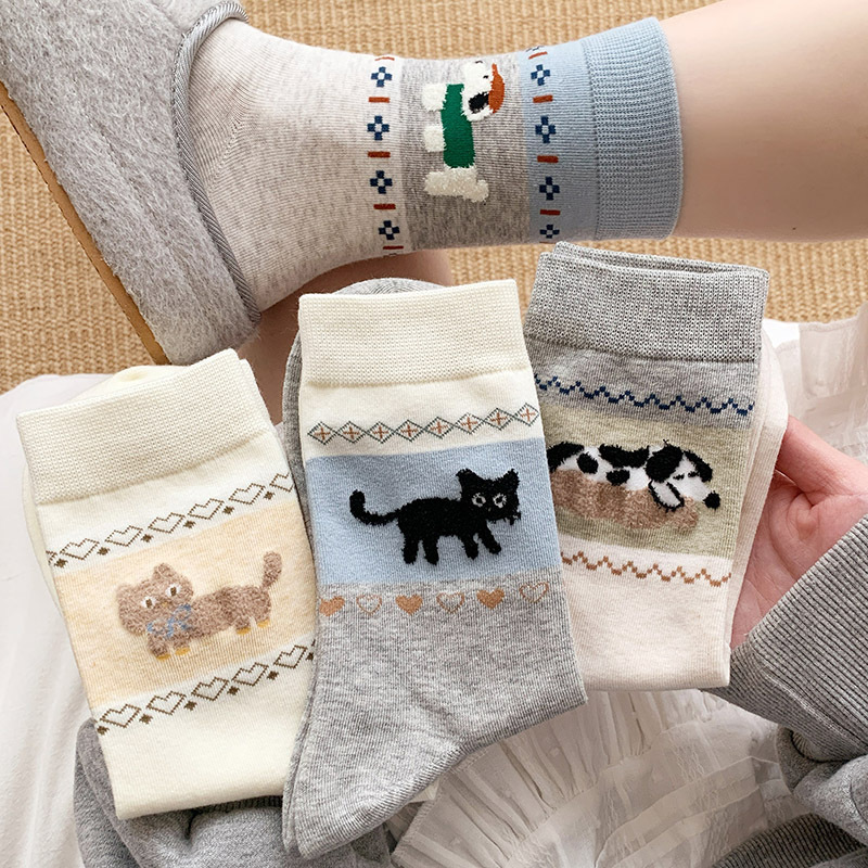 4 pairs  Spring/Autumn women’s socks: cute cartoon animal puppy socks and mid-calf kitten socks