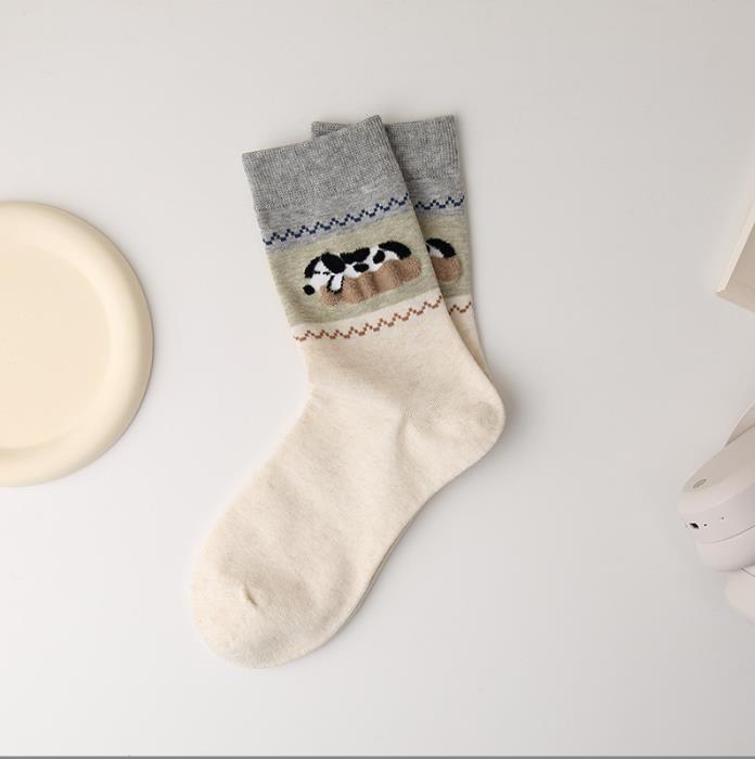 4 pairs  Spring/Autumn women’s socks: cute cartoon animal puppy socks and mid-calf kitten socks