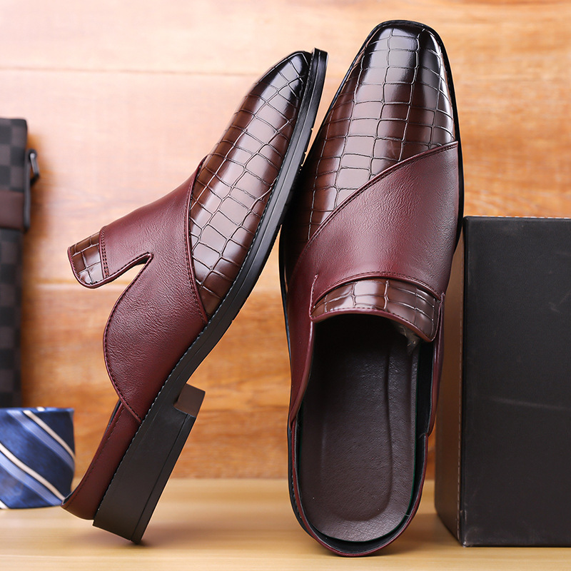Men's Plus Size Outdoor Breathable Non-Slip Sandals, Open-Back Slip-Ons, Pointed-Toe Leather Shoes, Outdoor Men's Sandals, Open-Back Leather Shoes