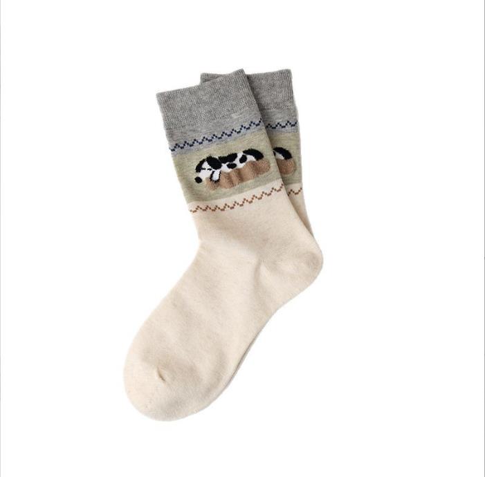 4 pairs  Spring/Autumn women’s socks: cute cartoon animal puppy socks and mid-calf kitten socks