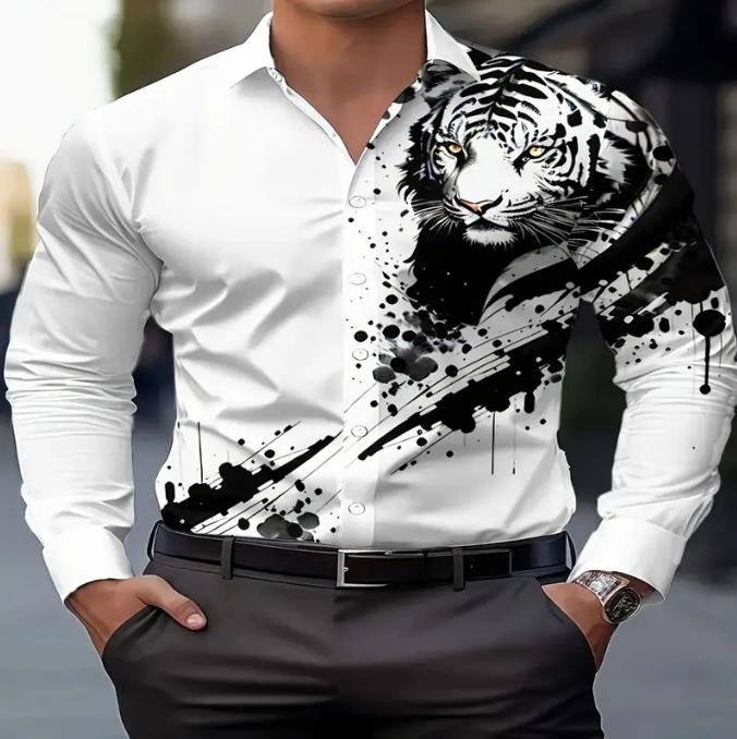 New men's plus size casual long sleeved shirt, personalized trendy men's long sleeved 3D digital printed shirt, men's shirt