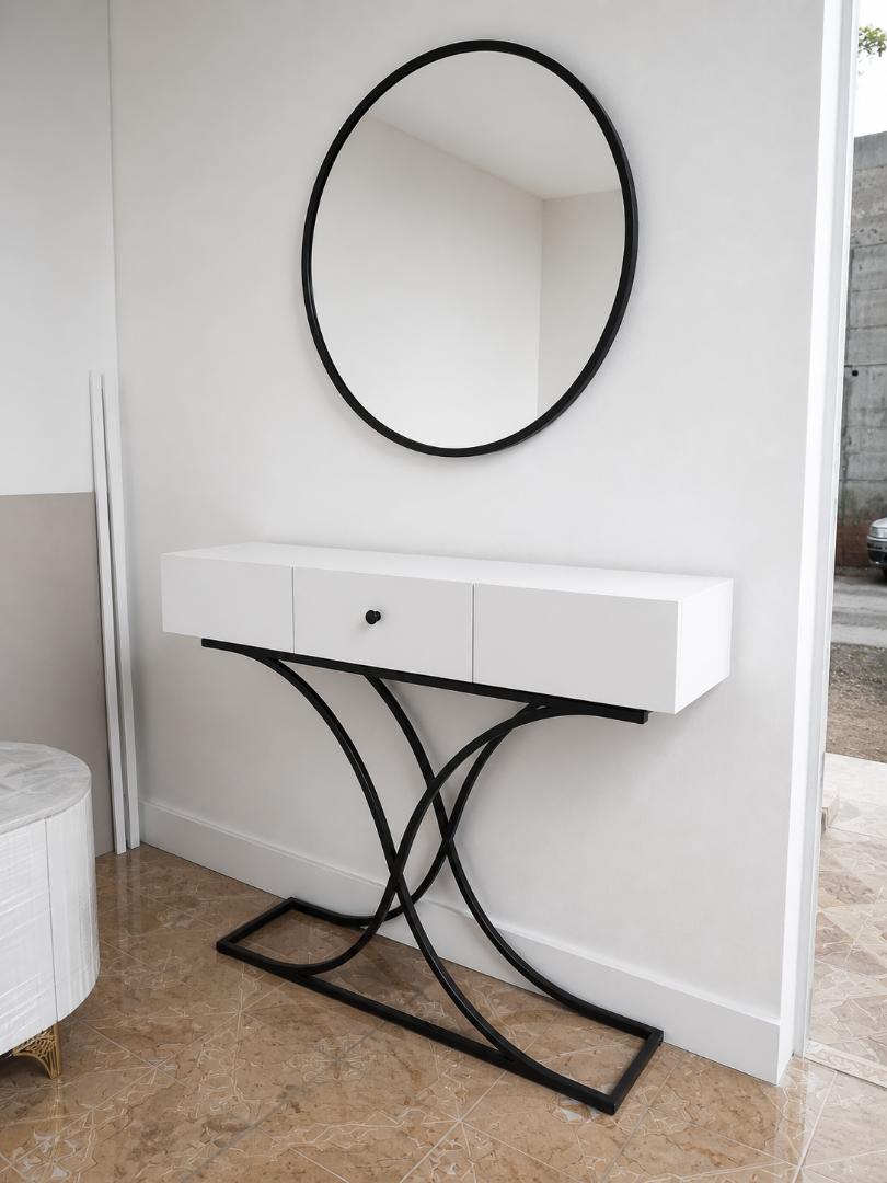 Modern Minimalist Console Table with Round Mirror – White & Black Metal (110×30×90cm)