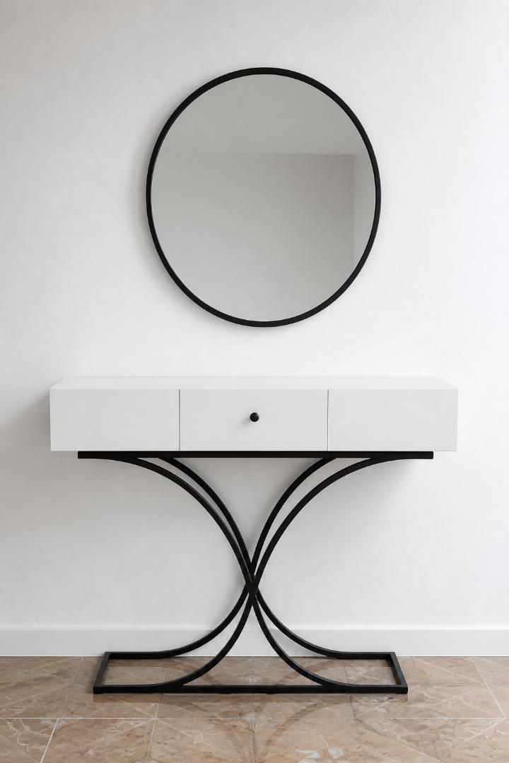 Modern Minimalist Console Table with Round Mirror – White & Black Metal (110×30×90cm)