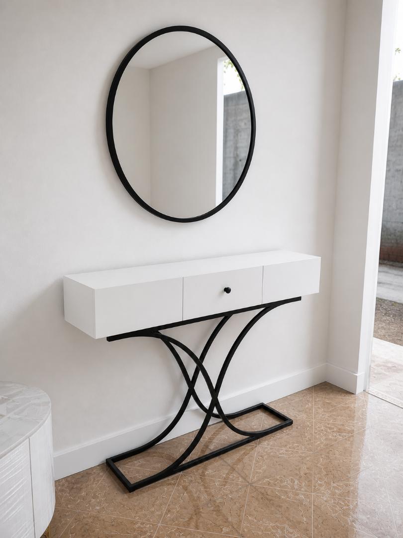 Modern Minimalist Console Table with Round Mirror – White & Black Metal (110×30×90cm)