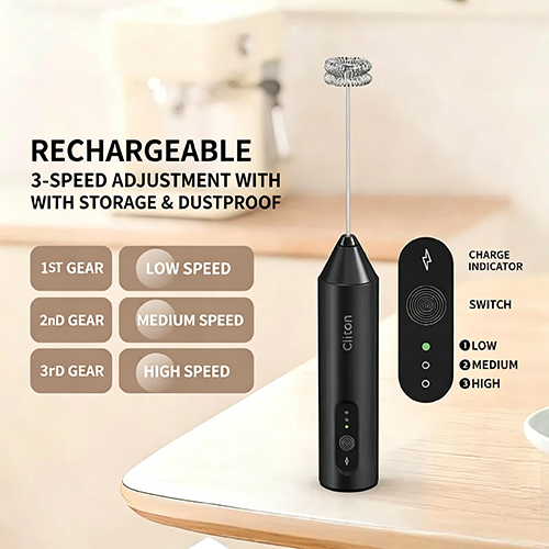 3-Speed Rechargeable Milk Frother with Cover, Dual Coil Whisk Coffee Frother Handheld - Portable Hand Frother Wand for Coffee Matcha Cappuccino & Hot Chocolate, Kitchen Gift, Black