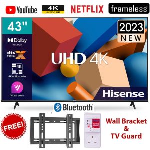 HISENSE 43'' INCH 43A6 SERIES SMART TV ULTRA HD 4K LED TV, BLUETOOTH ENABLED TELEVISION, HDR FRAMELESS, NETFLIX,YOUTUBE TV,DOLBY AUDIO,VIDAA OS +FREE WALL BRACKET AND TV GUARD-2 YEARS WARRANTY