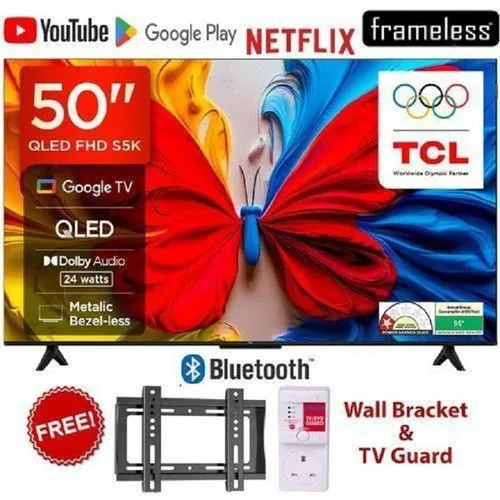 TCL 50 INCH S5K QLED Google TV with Youtube,Netflix and Bluetooth enabled with cutting-edge display technology +TV GUARD AND WALL MOUNT -1 year warranty