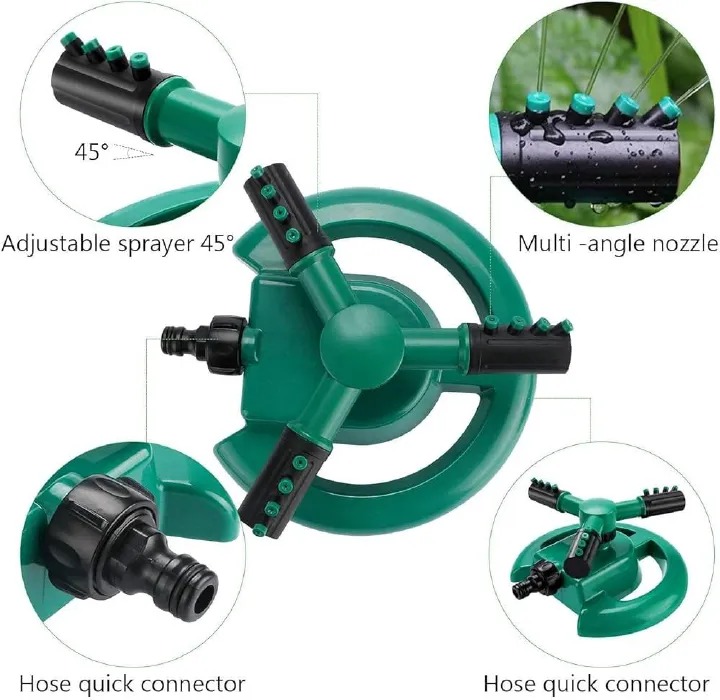 Arm 360⁰ Auto-Rotating Water Garden Sprinkler .Diameter can reach 50 feet. 6. Water-saving design: save water via adjusting the water density, more or less, and range to utilize does not include pipe