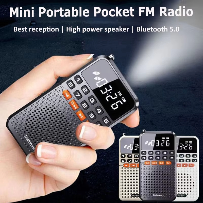 Mini Portable Pocket Radio Dual Antenna Radios Receiver Bluetooth Speaker Walkman with LED Display Flashlight TF Card Player