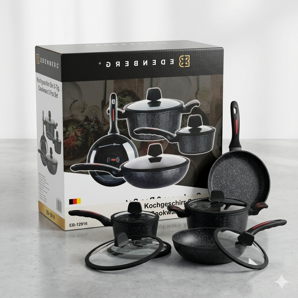 Edenberg EB-12916 8PCS Cookware Set – Marble Non-Stick, Aluminum, Induction Compatible