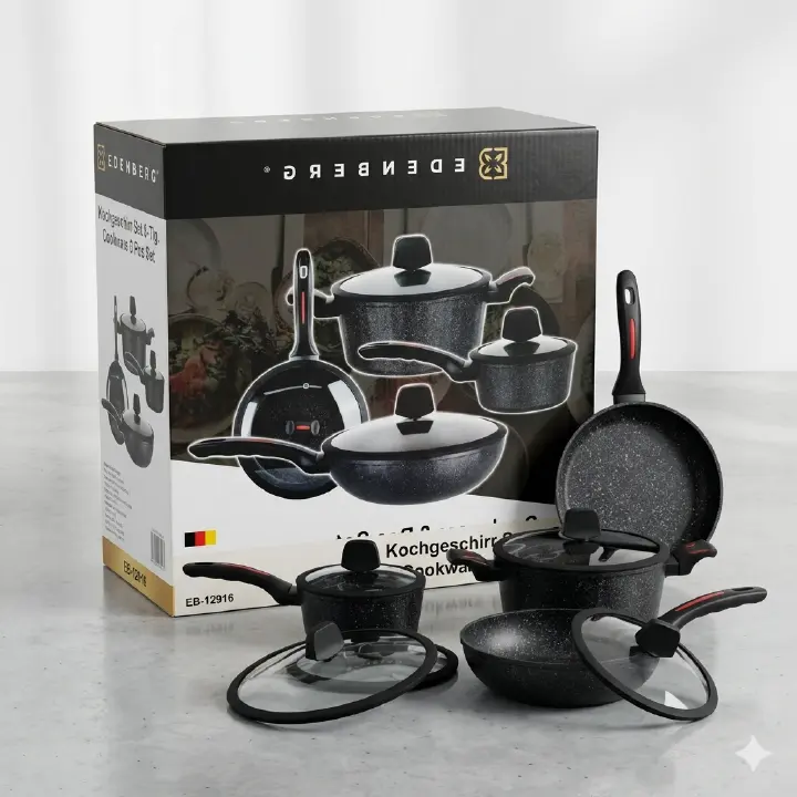 Edenberg EB-12916 8PCS Cookware Set – Marble Non-Stick, Aluminum, Induction Compatible