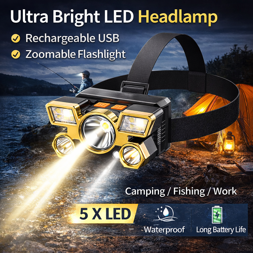 Ultra Bright LED Headlamp Rechargeable USB Head Light 5 LED Head Torch Zoomable Flashlight for Camping Fishing Night Work Outdoor Waterproof Headlamp Long Battery Life