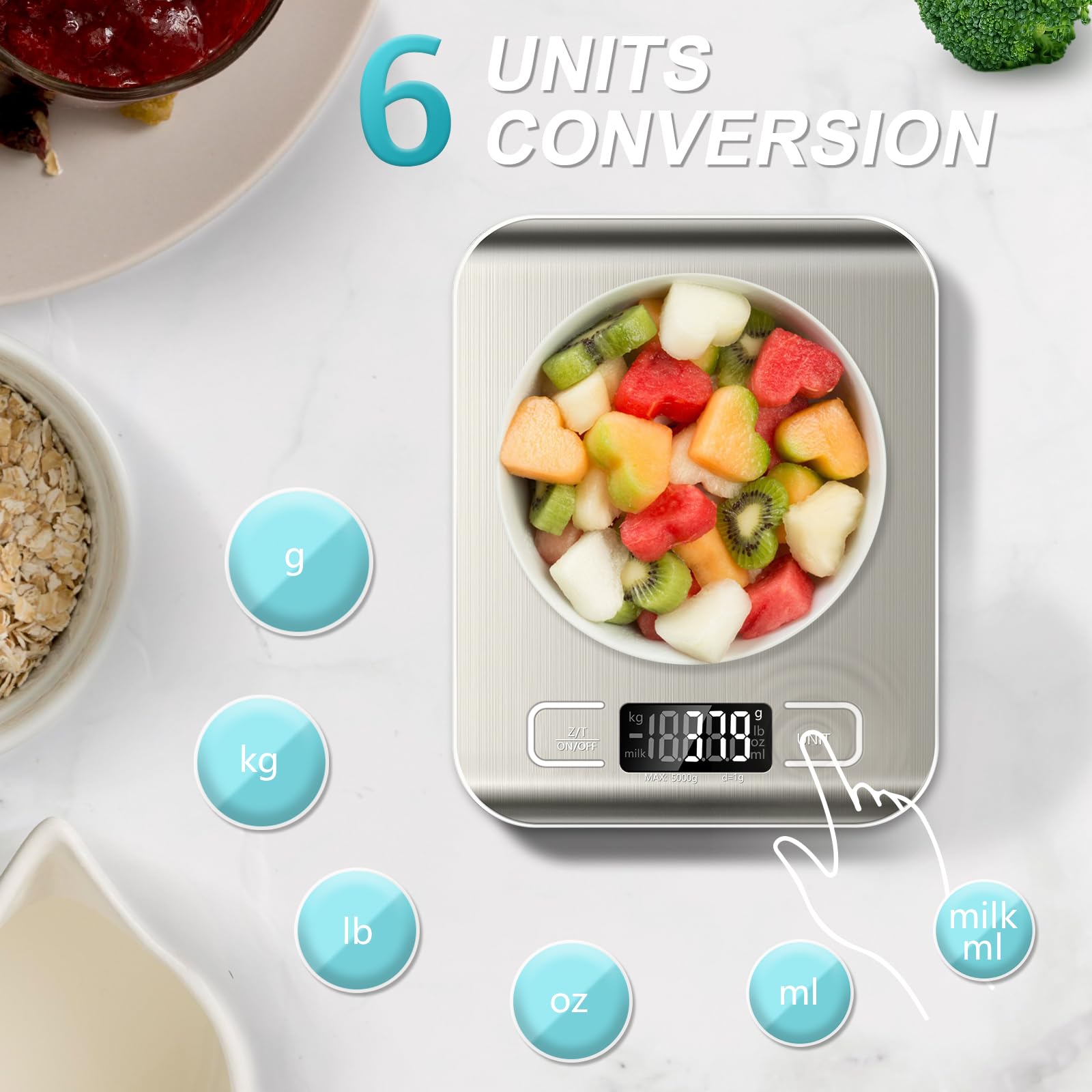 10KG Digital Kitchen Scale Stainless Steel Food Scale 4 Unit Conversion LCD Blue Backlight Display Tare Function Precision Gram Ounce Scale for Baking Cooking Meal Prep Batteries Included