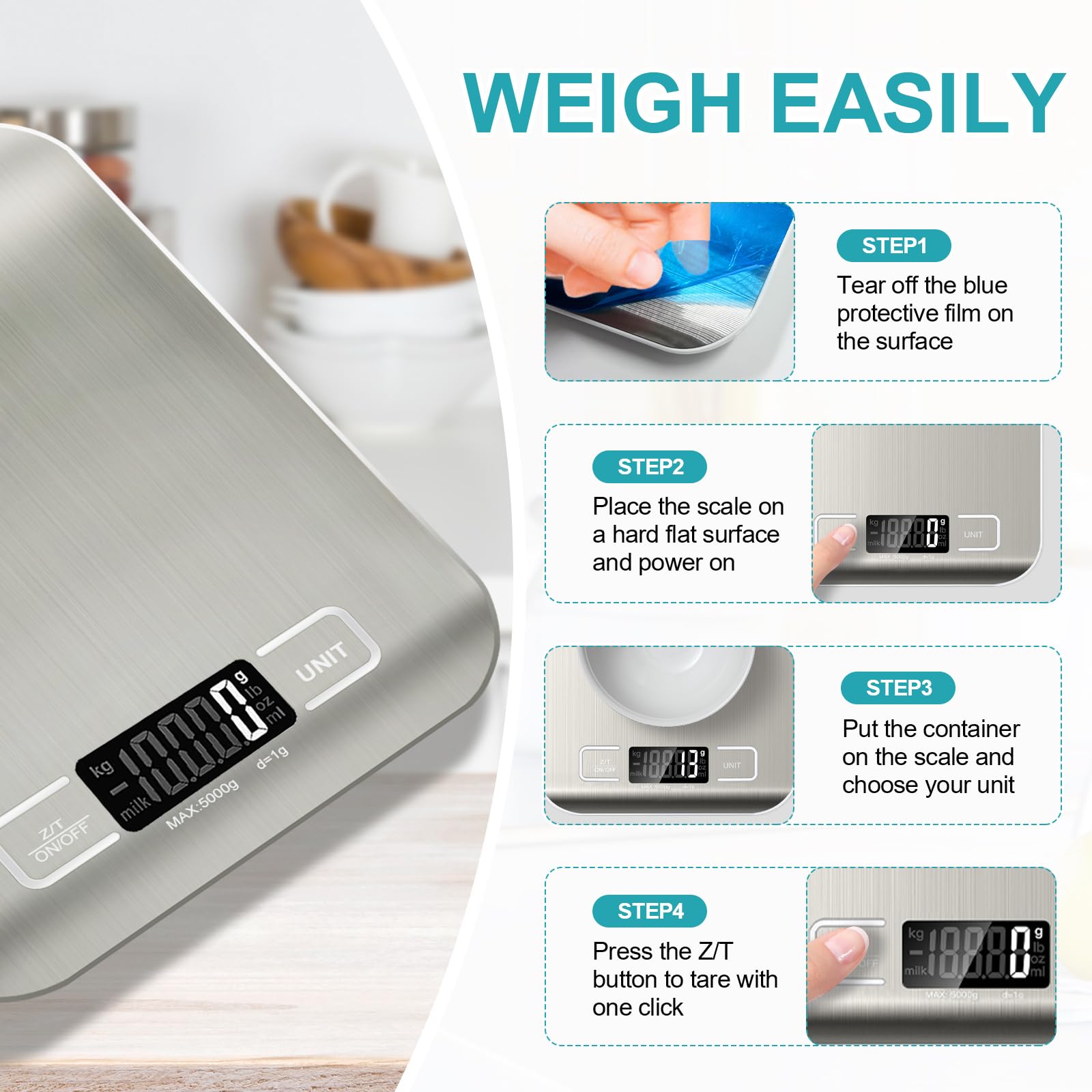 10KG Digital Kitchen Scale Stainless Steel Food Scale 4 Unit Conversion LCD Blue Backlight Display Tare Function Precision Gram Ounce Scale for Baking Cooking Meal Prep Batteries Included