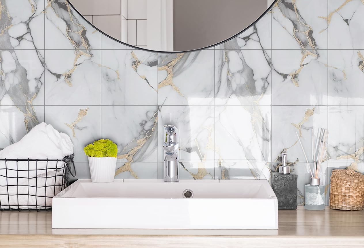 10Pcs 3D Wall Sticker Brick Foam Wallpaper Self Adhesive Waterproof Wall Panel for Kitchen Bathroom Living Room Marble Tile Effect DIY Home Decor Wall Covering