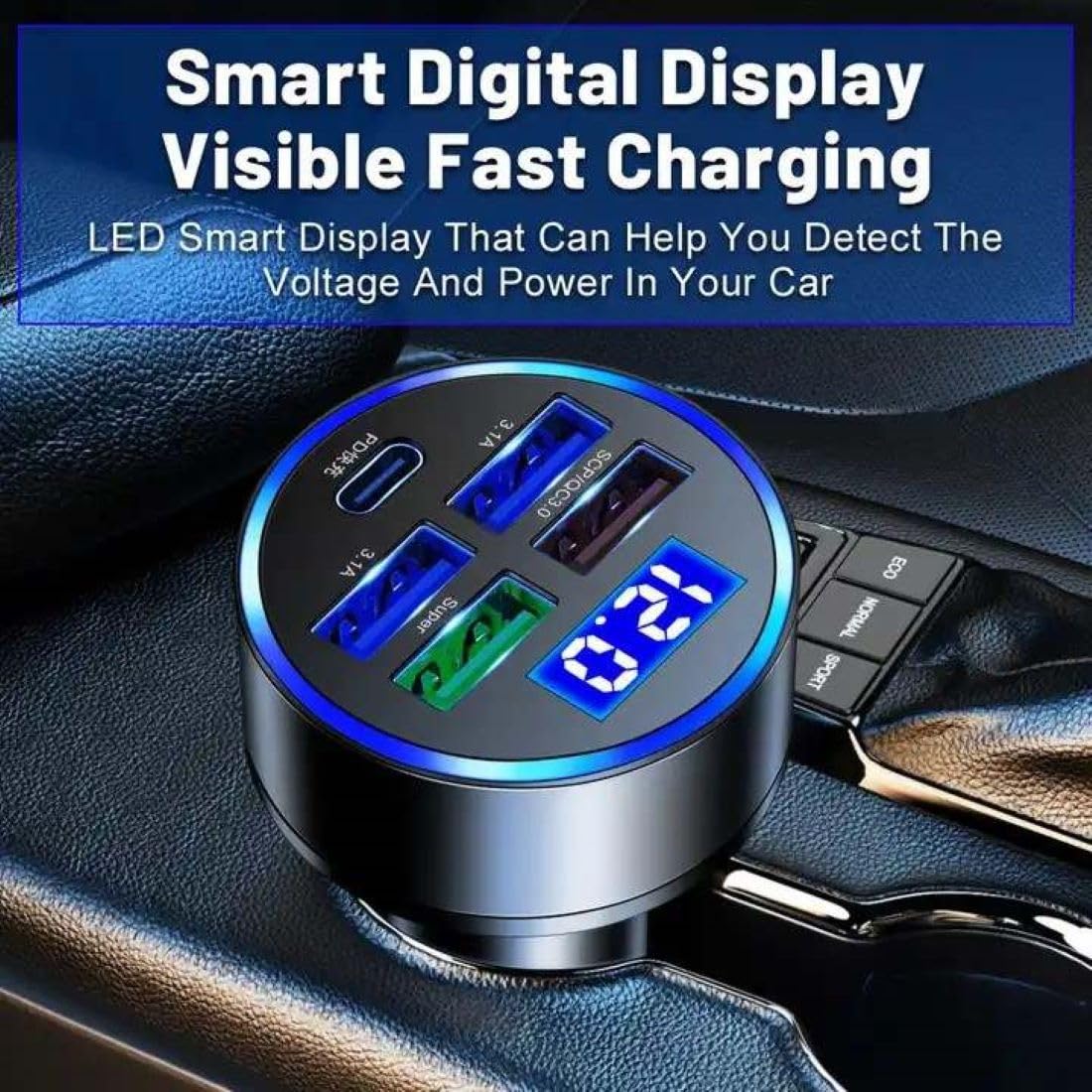 120W Car Charger 5 Port USB Fast Charging Adapter with PD USB C Cigarette Lighter Charger LED Voltage Display Multi Port Car Charger for iPhone Android Phones Tablet GPS Devices