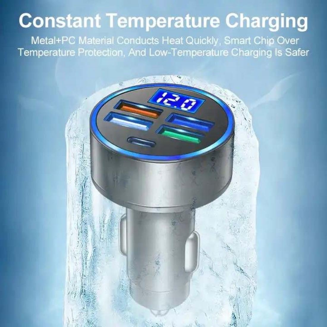 120W Car Charger 5 Port USB Fast Charging Adapter with PD USB C Cigarette Lighter Charger LED Voltage Display Multi Port Car Charger for iPhone Android Phones Tablet GPS Devices