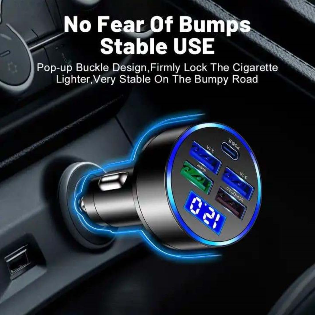 120W Car Charger 5 Port USB Fast Charging Adapter with PD USB C Cigarette Lighter Charger LED Voltage Display Multi Port Car Charger for iPhone Android Phones Tablet GPS Devices