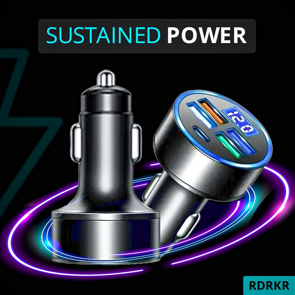 120W Car Charger 5 Port USB Fast Charging Adapter with PD USB C Cigarette Lighter Charger LED Voltage Display Multi Port Car Charger for iPhone Android Phones Tablet GPS Devices