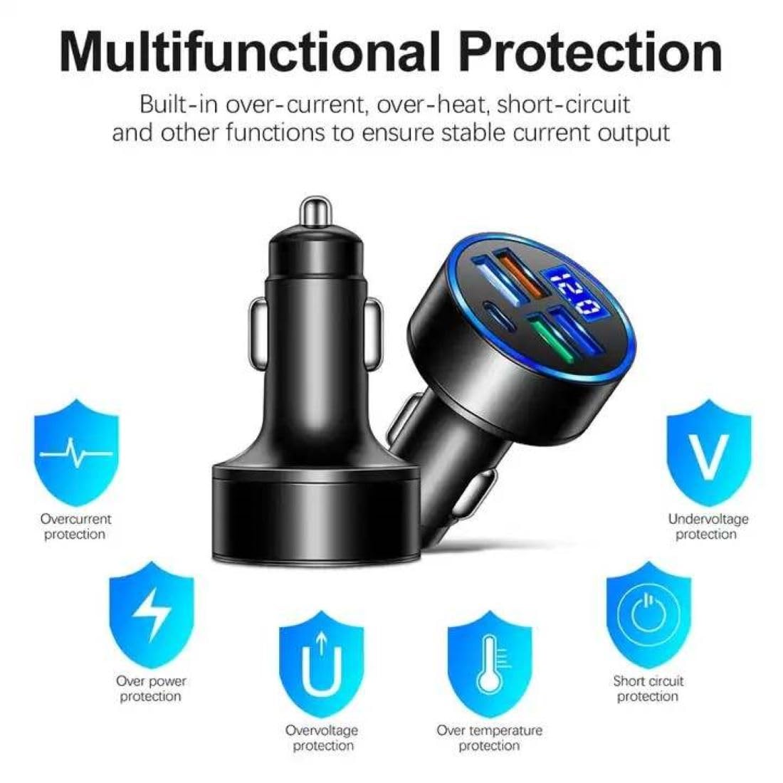 120W Car Charger 5 Port USB Fast Charging Adapter with PD USB C Cigarette Lighter Charger LED Voltage Display Multi Port Car Charger for iPhone Android Phones Tablet GPS Devices