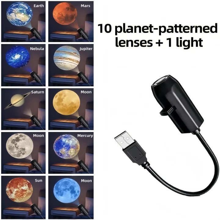Galaxy Star Projector Night Light USB Nebula Lamp with 10 Planet Modes Flexible Gooseneck Ceiling Projector for Bedroom Kids Room Space Ambient Light Romantic Home Decor Gift