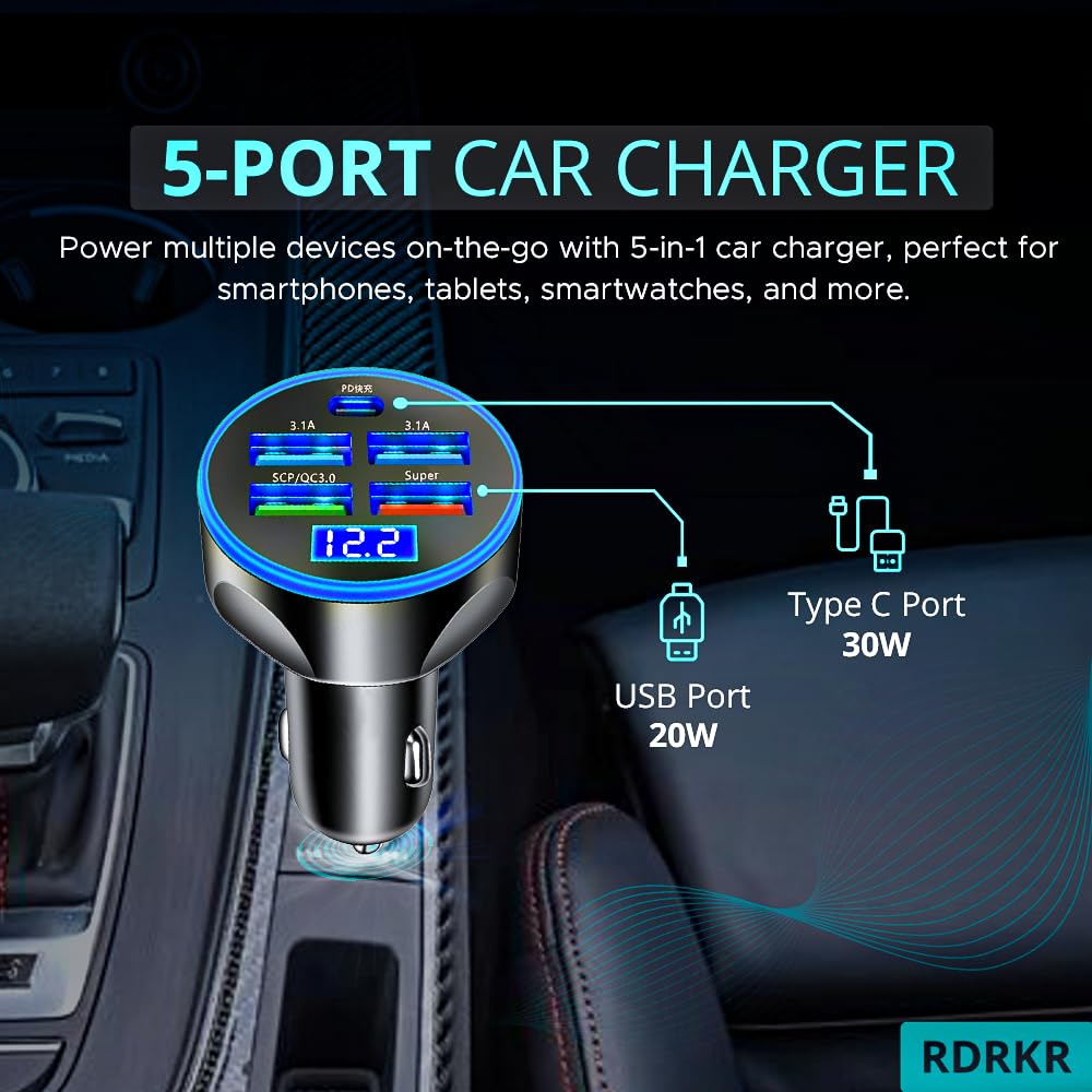 120W Car Charger 5 Port USB Fast Charging Adapter with PD USB C Cigarette Lighter Charger LED Voltage Display Multi Port Car Charger for iPhone Android Phones Tablet GPS Devices