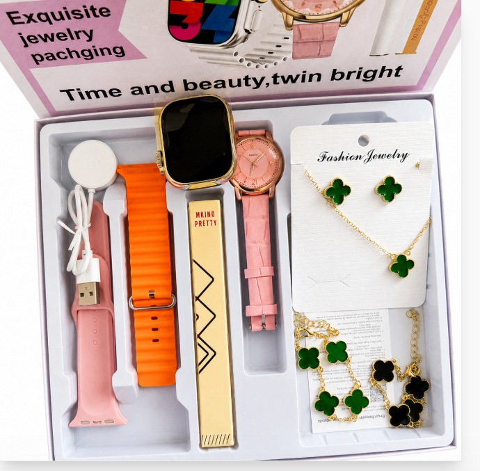 Luxury Smartwatch IPS Display, Metal, Bluetooth, Waterproof, Health Monitoring Gift set with a Smart watch, Analog watch, van cleef set of a pair of earrings, 2 bracelets, a necklace, lip liner