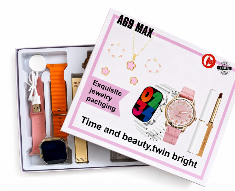 Luxury Smartwatch IPS Display, Metal, Bluetooth, Waterproof, Health Monitoring Gift set with a Smart watch, Analog watch, van cleef set of a pair of earrings, 2 bracelets, a necklace, lip liner