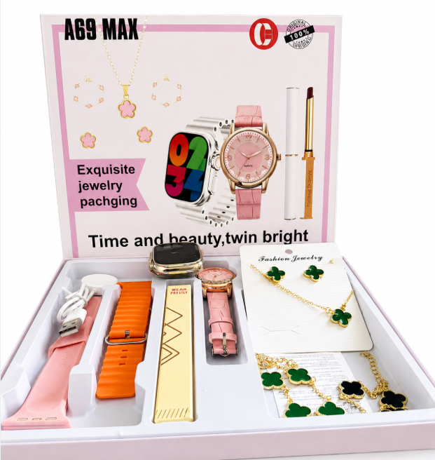 Luxury Smartwatch IPS Display, Metal, Bluetooth, Waterproof, Health Monitoring Gift set with a Smart watch, Analog watch, van cleef set of a pair of earrings, 2 bracelets, a necklace, lip liner