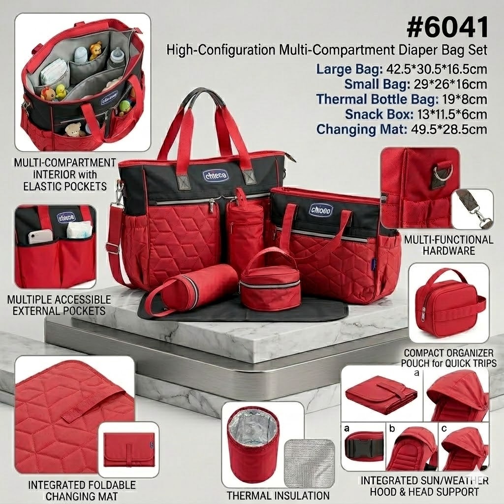 Chicco 5-Piece Waterproof Diaper Bag Set – Multi-Functional Maternity Travel Set with Changing Pad & Bottle Holder