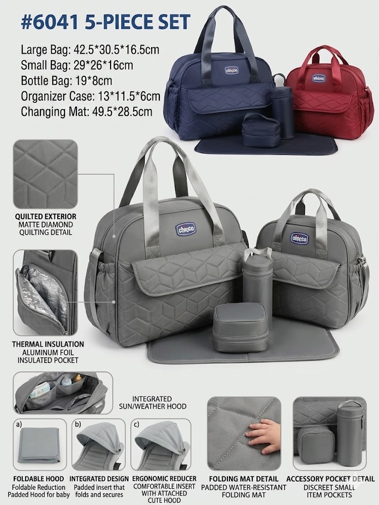 Chicco 5-Piece Waterproof Diaper Bag Set – Multi-Functional Maternity Travel Set with Changing Pad & Bottle Holder