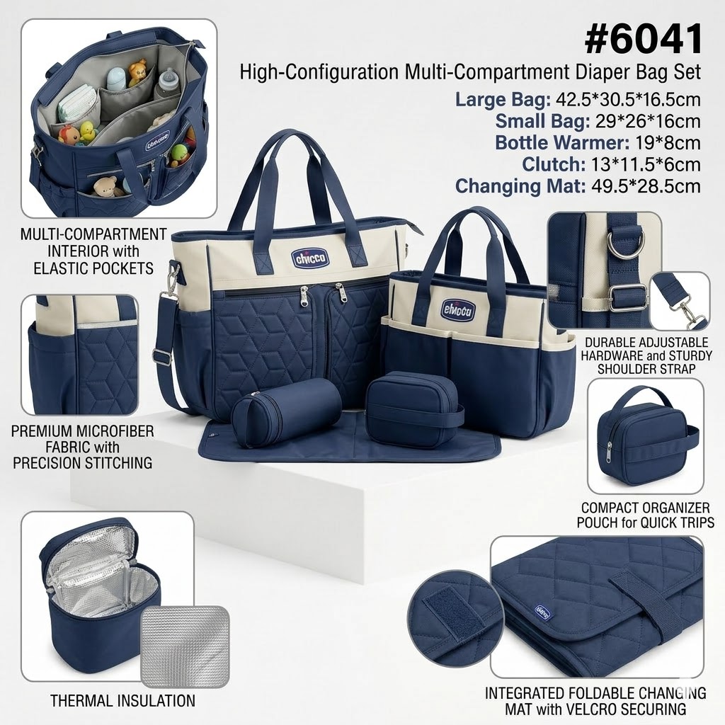 Chicco 5-Piece Waterproof Diaper Bag Set – Multi-Functional Maternity Travel Set with Changing Pad & Bottle Holder