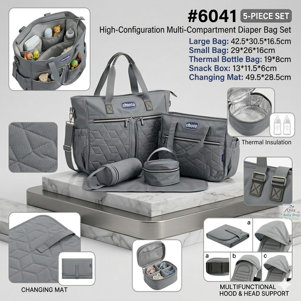 Chicco 5-Piece Waterproof Diaper Bag Set – Multi-Functional Maternity Travel Set with Changing Pad & Bottle Holder