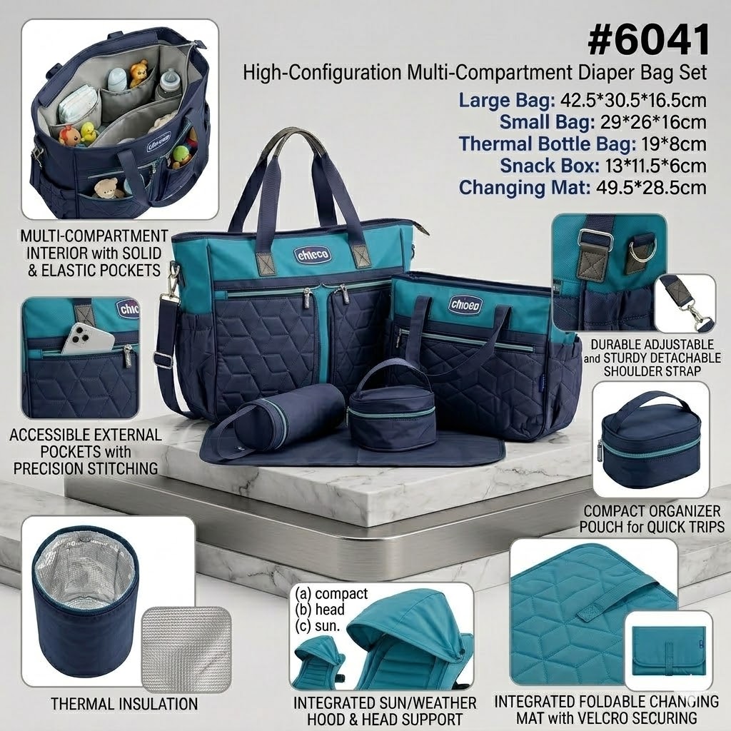 Chicco 5-Piece Waterproof Diaper Bag Set – Multi-Functional Maternity Travel Set with Changing Pad & Bottle Holder