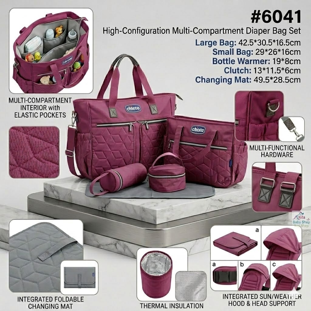 Chicco 5-Piece Waterproof Diaper Bag Set – Multi-Functional Maternity Travel Set with Changing Pad & Bottle Holder