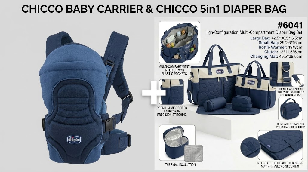 Chicco premium 2-in-1 Travel Bundle – Ultra Soft Baby Carrier & 5-Piece Waterproof Diaper Bag Set