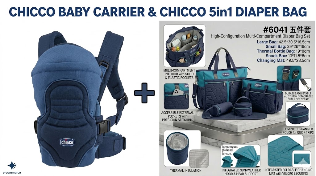 Chicco premium 2-in-1 Travel Bundle – Ultra Soft Baby Carrier & 5-Piece Waterproof Diaper Bag Set