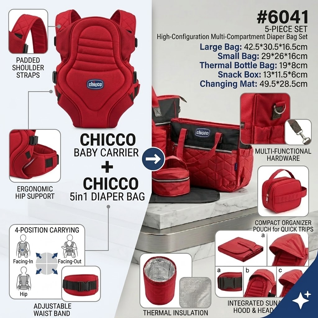 Chicco premium 2-in-1 Travel Bundle – Ultra Soft Baby Carrier & 5-Piece Waterproof Diaper Bag Set