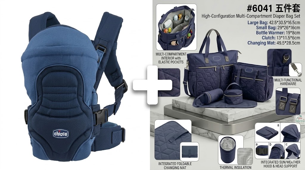 Chicco premium 2-in-1 Travel Bundle – Ultra Soft Baby Carrier & 5-Piece Waterproof Diaper Bag Set