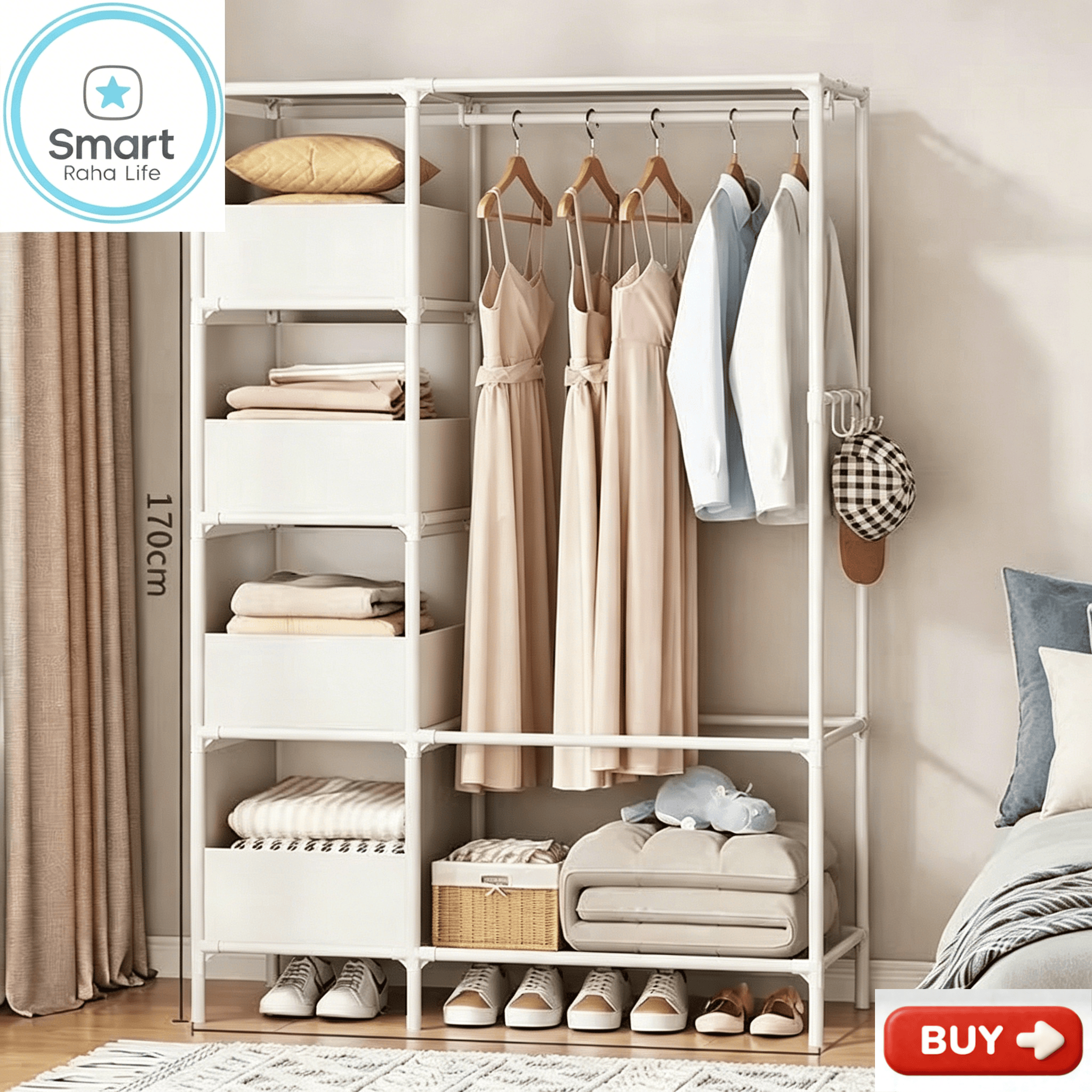 【Promotion】Smartrahalife 2 Columns Metallic Wardrobe Large Capacity Closet Organizer Assemble Storage Closet Portable Clothing Rack for Bedroom Home Dormitories Room Clothes Storage