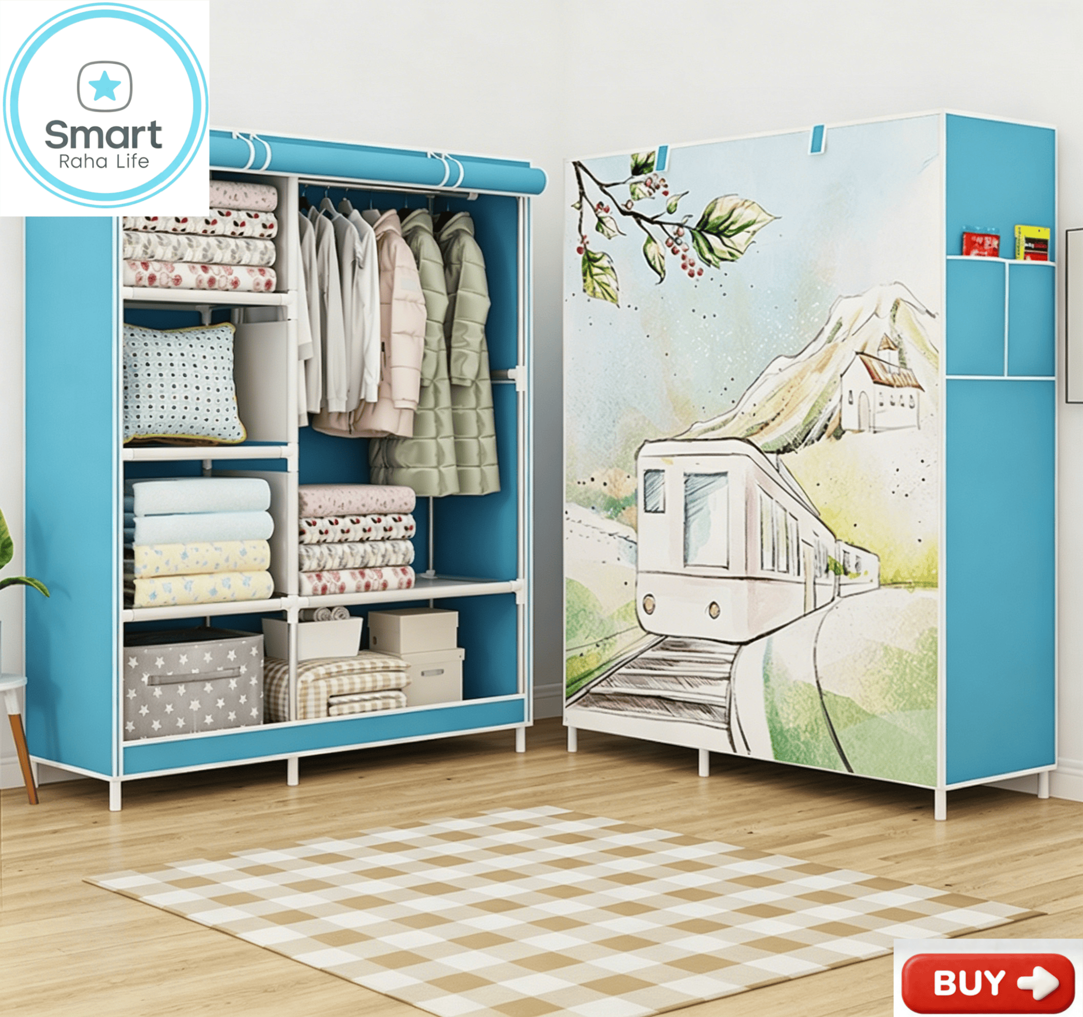【Promotion】Smartrahalife 105CM 2 Columns Metallic Wardrobe Blue Train Large Capacity Closet Organizer Assemble Storage Closet Portable Clothing Rack for Bedroom, Home, Dormitory Sturdy Steel Frame